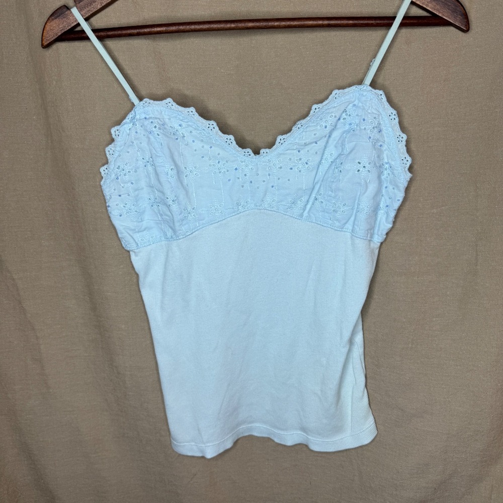 Y2K Blue Eyelet Lace Beaded Ribbed Camisole Top FairyCore Boho Festival